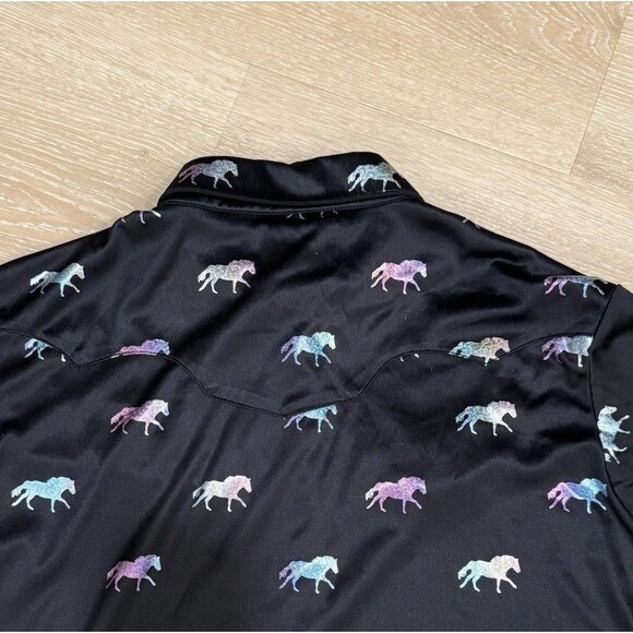 Wrangler Western Shirt Snap Buttons Hologram Horse Print Womens Sz M Black Satin - Picture 11 of 11